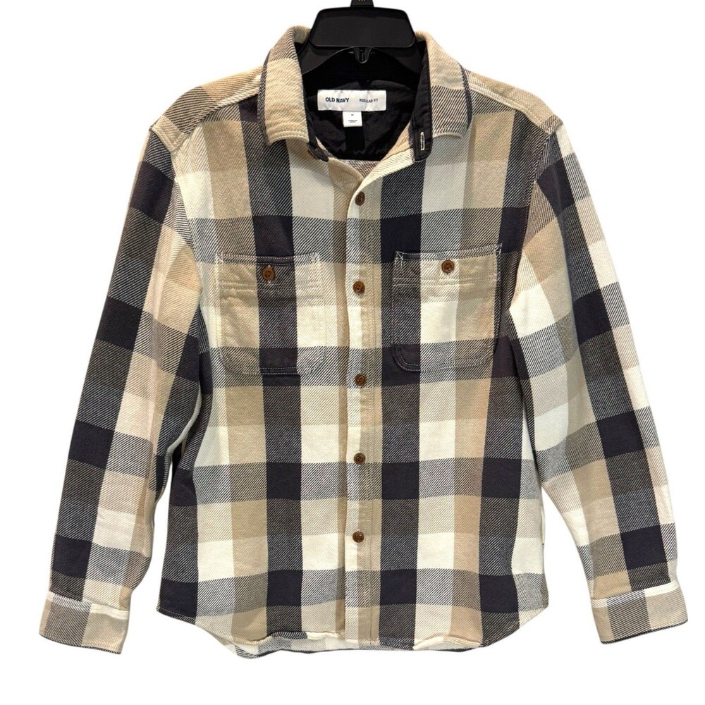 Men’s Old Navy Size M Flannel Plaid Shirt Button Up Beige Black White Collared